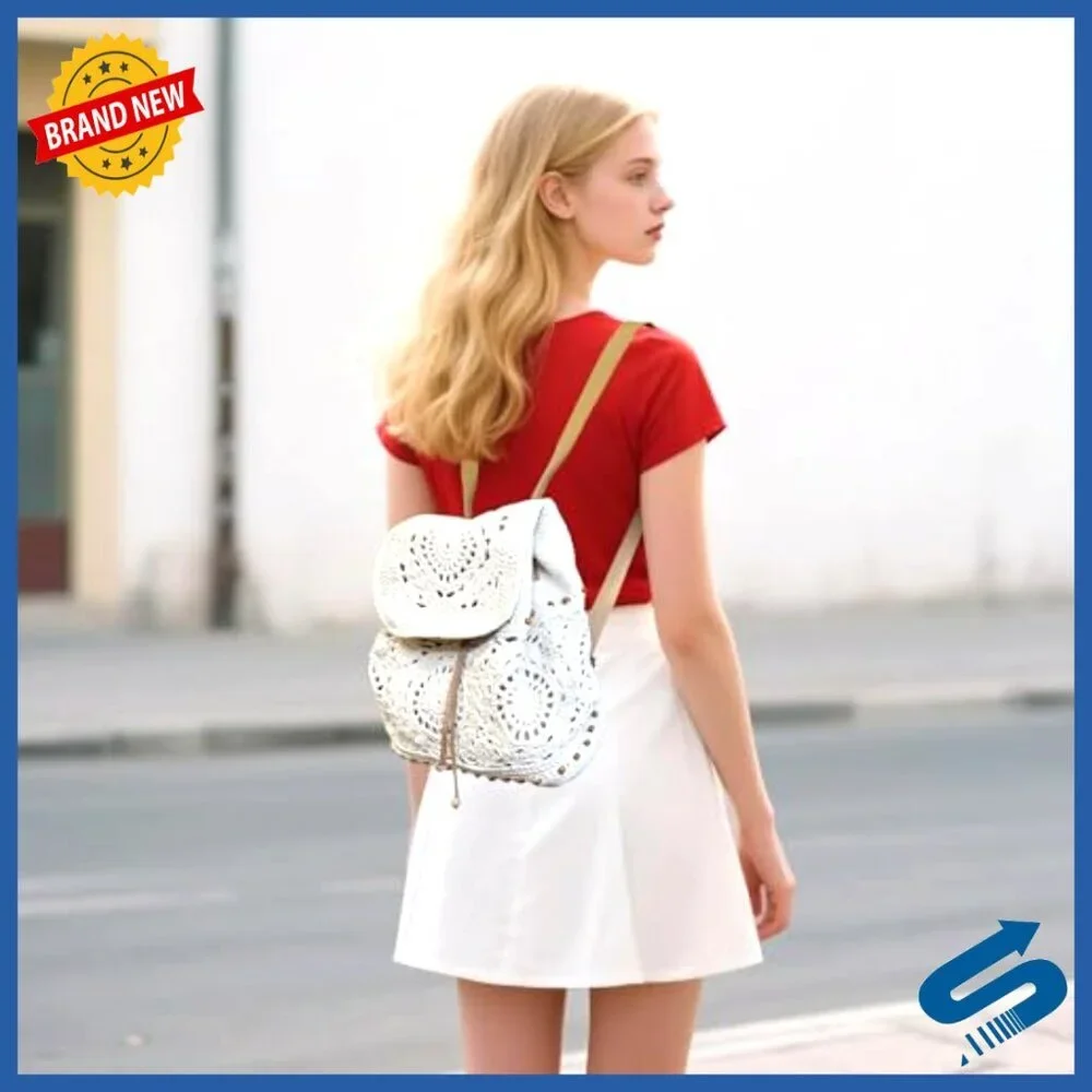 Handmade Crochet Backpack Boho Rucksack Cotton Rope Adjustable Straps